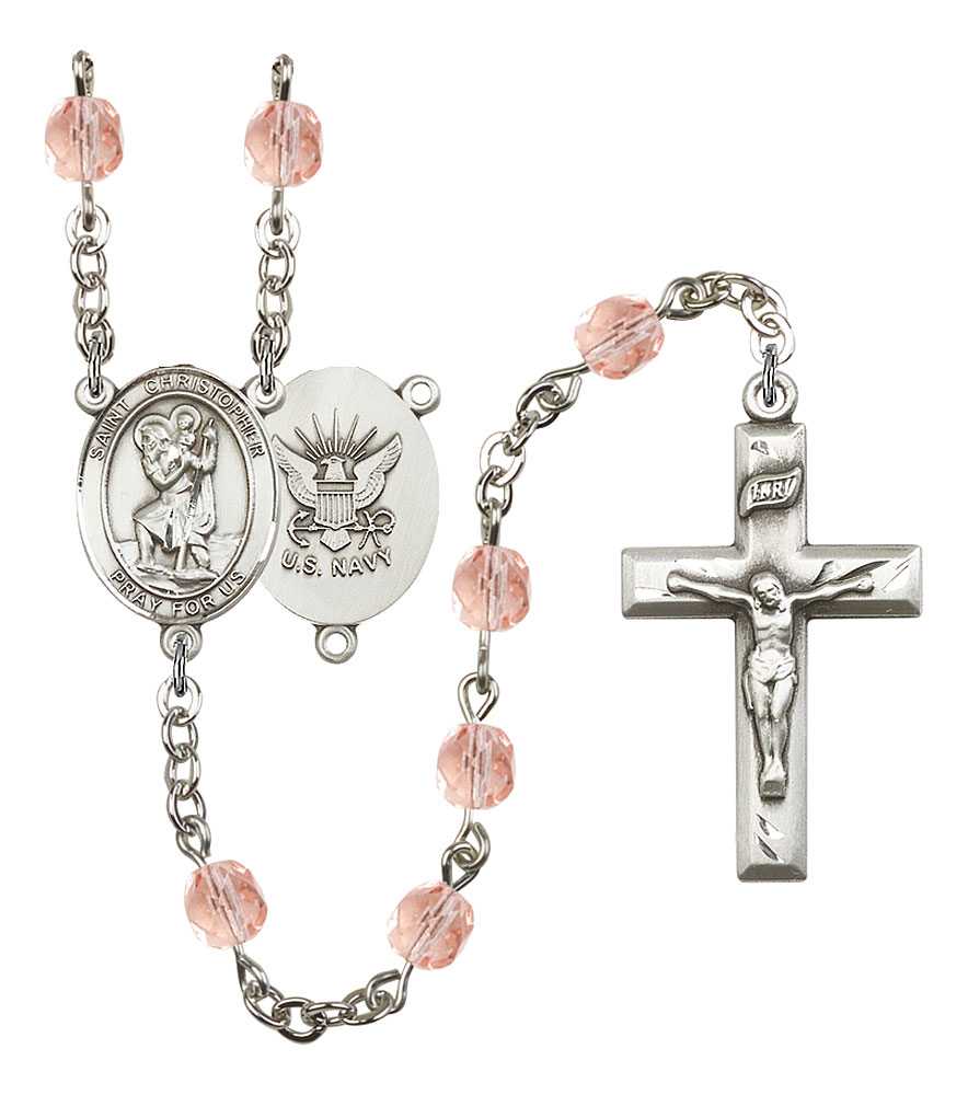 Saint Christopher and Navy Rosary with Pink Beads