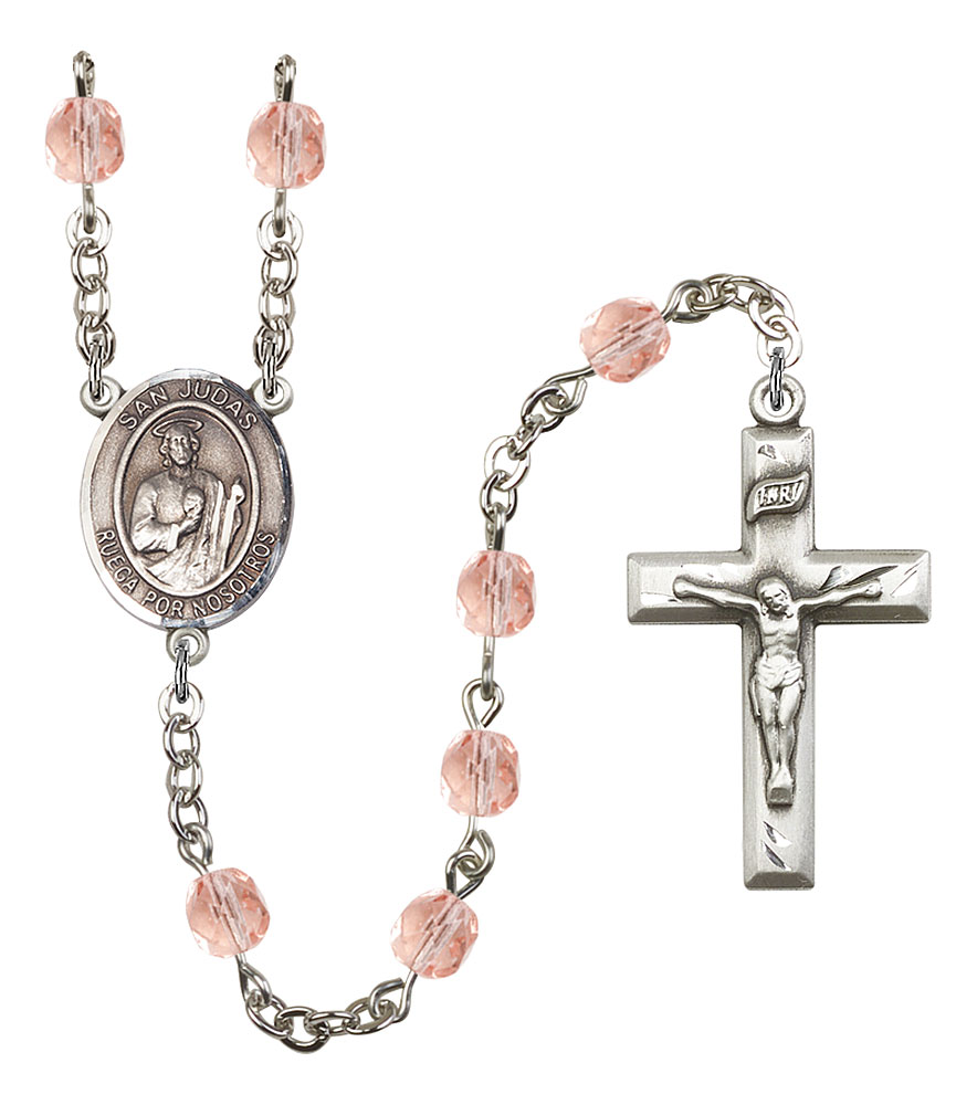 San Judas Engravable Rosary with Pink Beads
