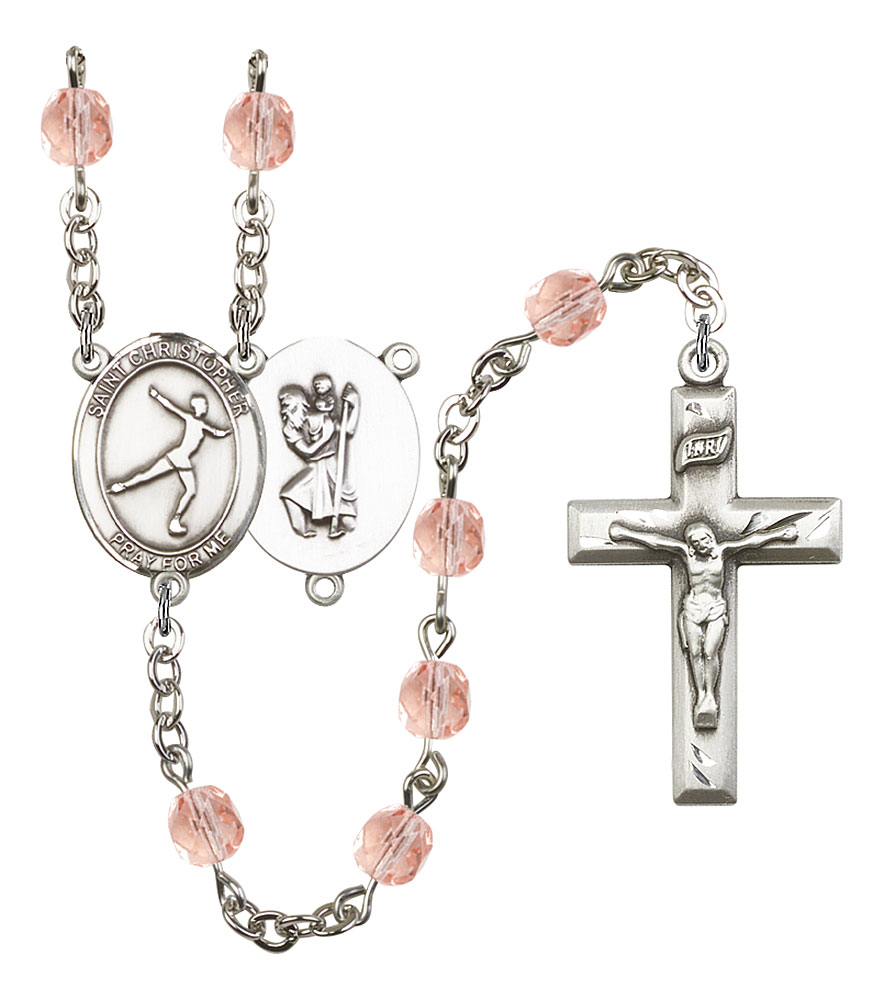 Saint Christopher and Figure Skating Rosary with Pink Beads