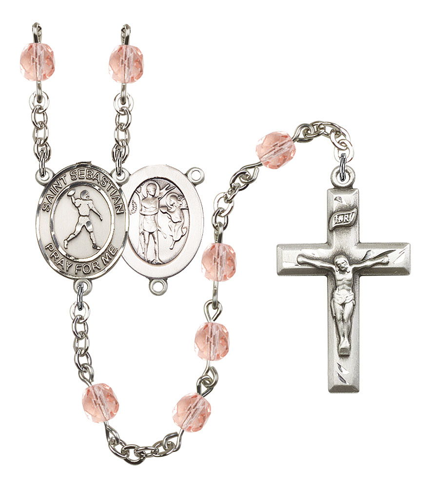 Saint Sebastian and Football Rosary with Pink Beads