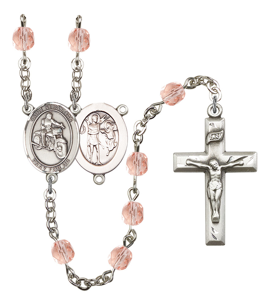 Saint Sebastian and Motorcycle Rosary with Pink Beads