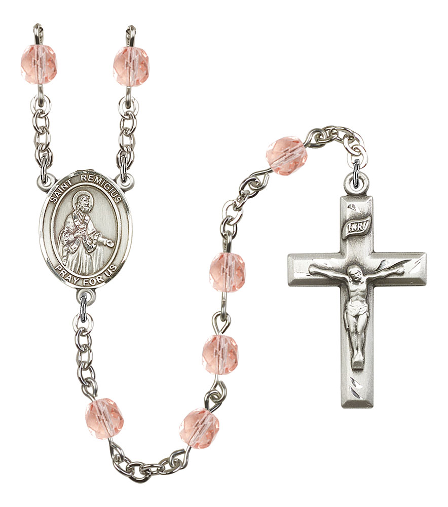 Saint Remigius of Reims Engravable Rosary with Pink Beads