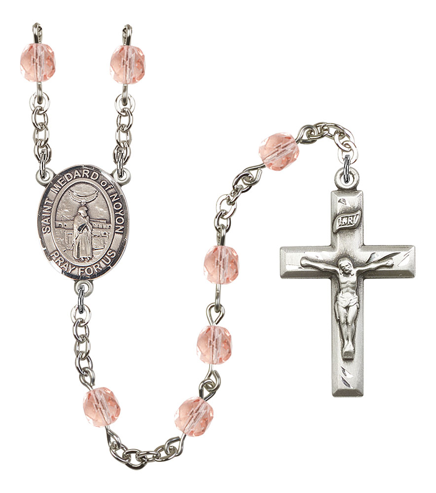 Saint Medard of Noyon Engravable Rosary with Pink Beads