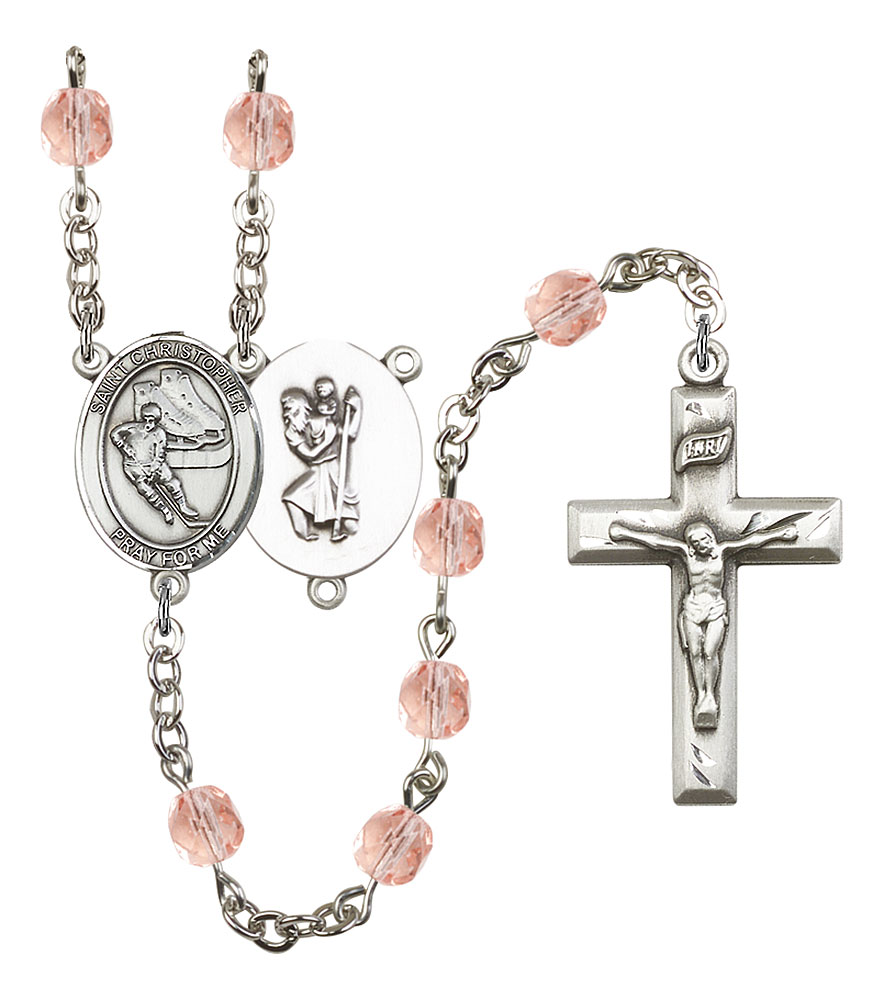 Saint Christopher and Hockey Rosary with Pink Beads