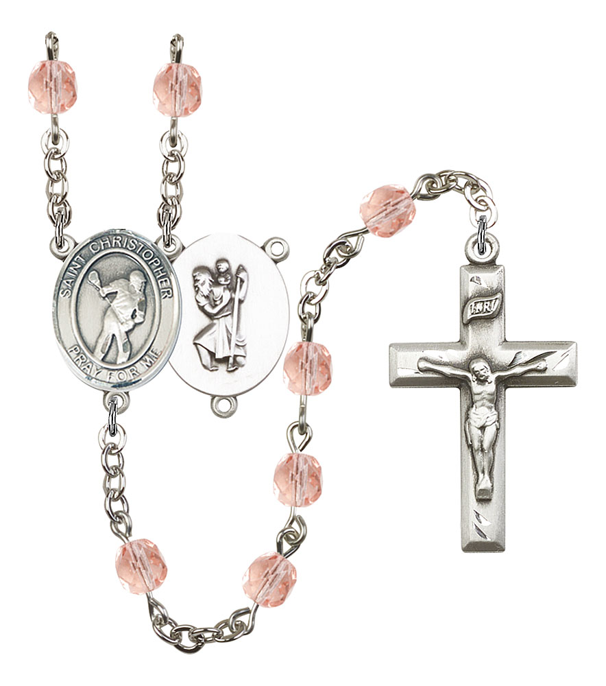 Saint Christopher and Lacrosse Rosary with Pink Beads
