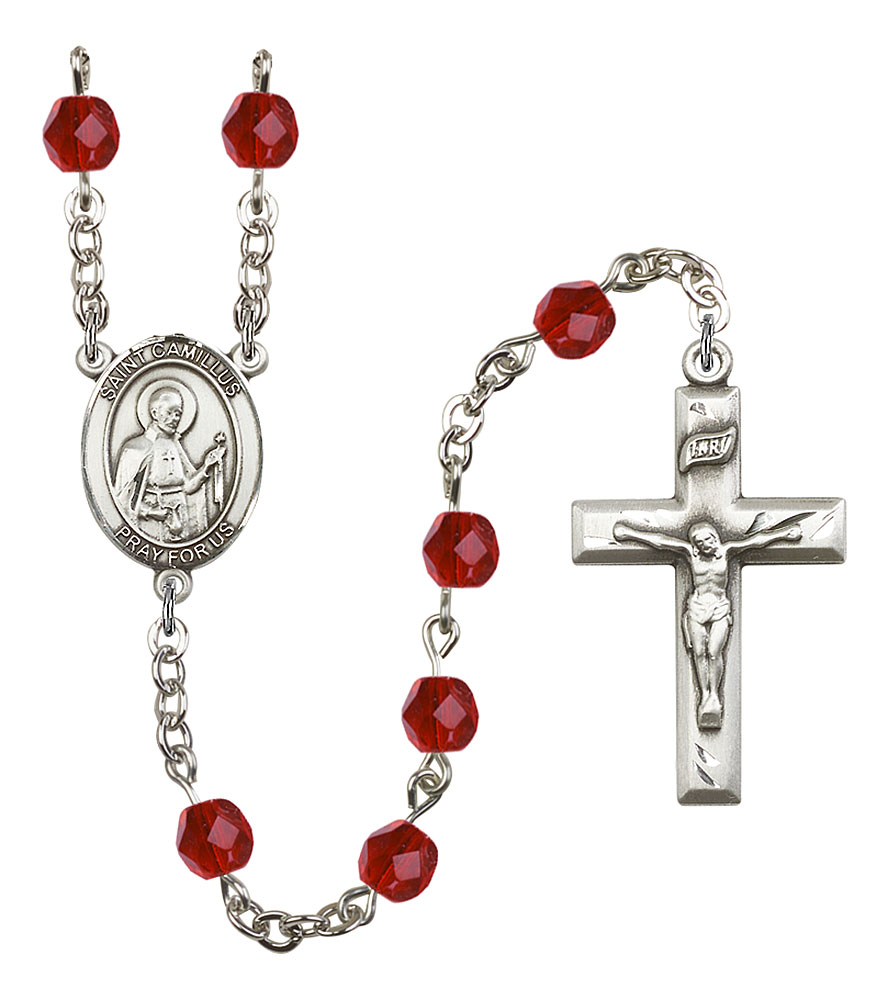 Saint Camillus of Lellis Engravable Rosary with Ruby Beads