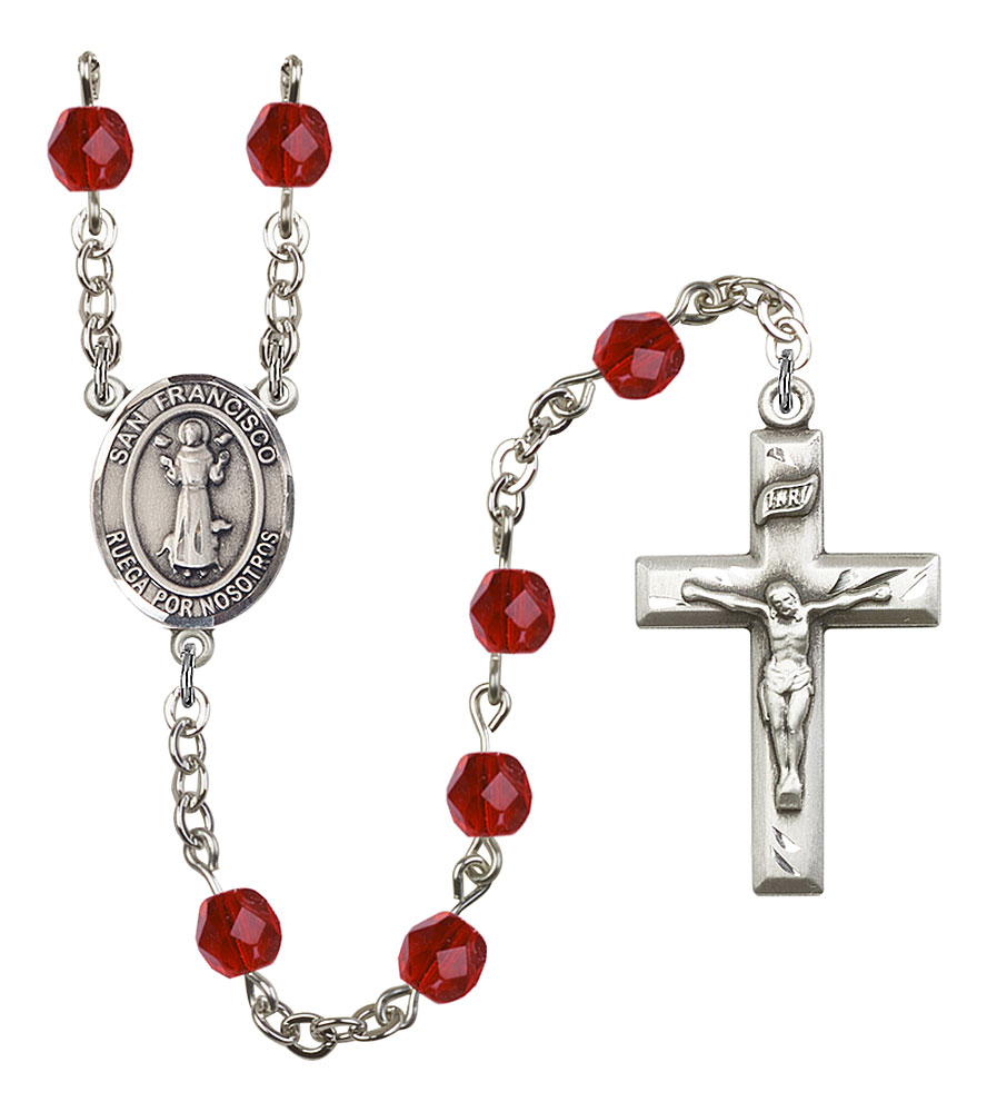 San Francis Engravable Rosary with Ruby Beads