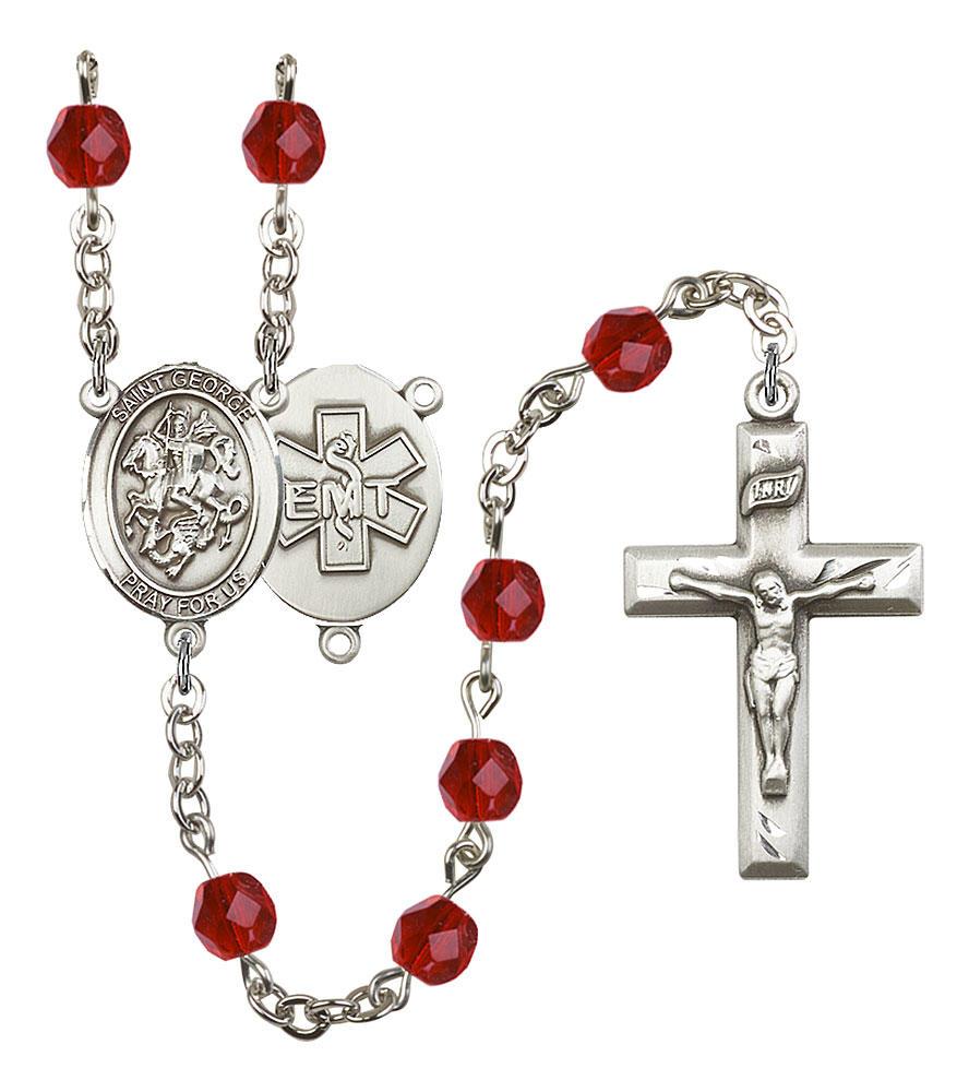 Saint George and EMT Rosary with Ruby Beads
