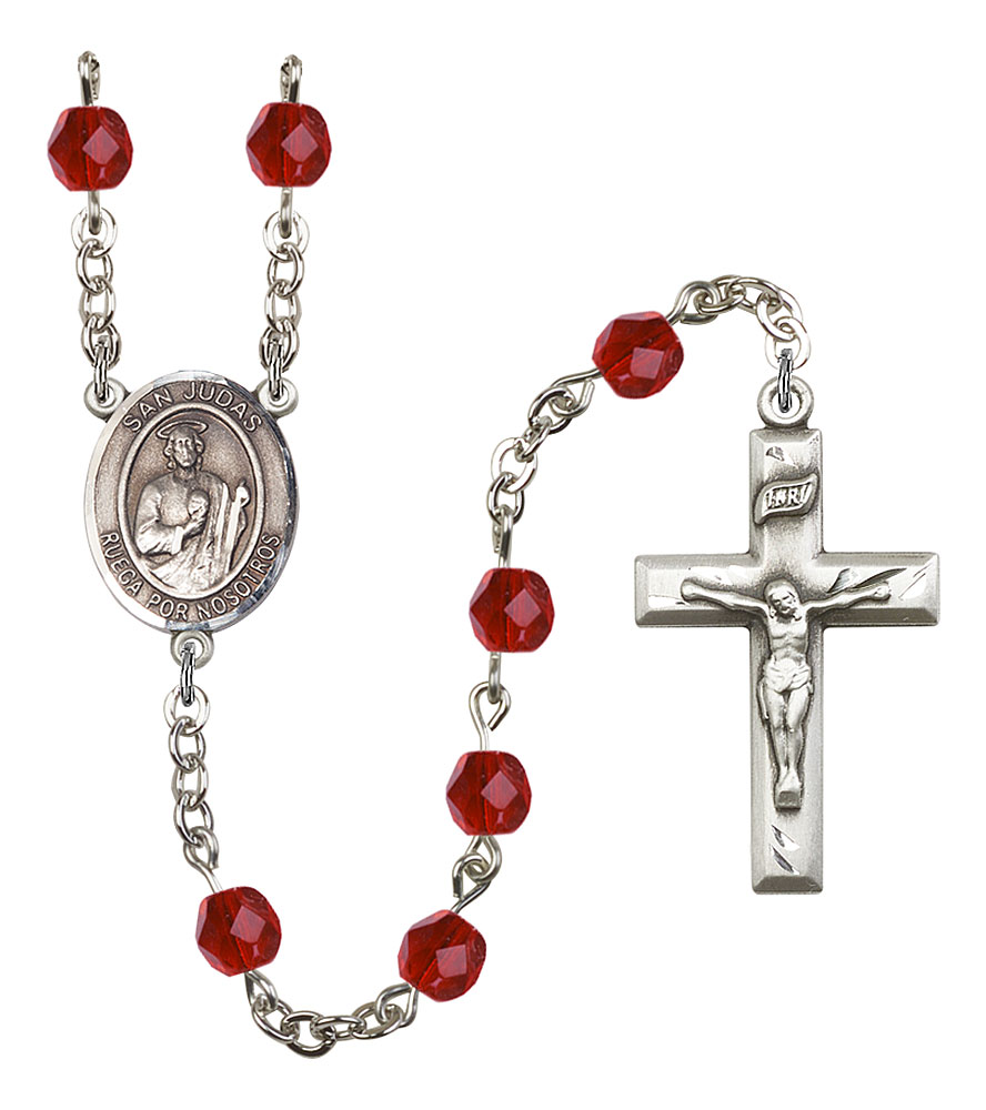 San Judas Engravable Rosary with Ruby Beads