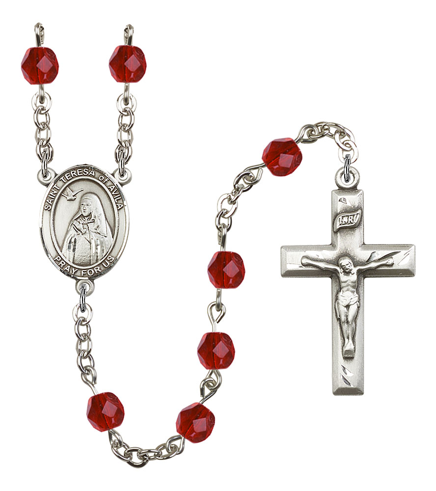 Saint Teresa of Avila Engravable Rosary with Ruby Beads
