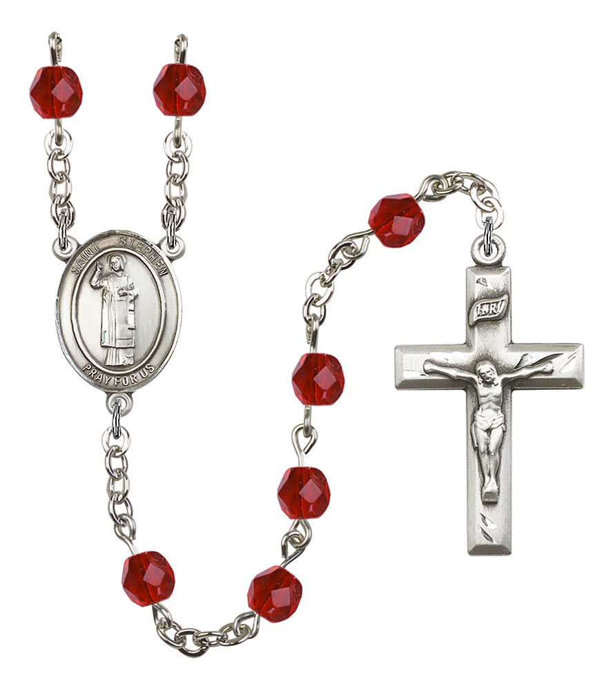 Saint Stephen the Martyr Engravable Rosary with Ruby Beads