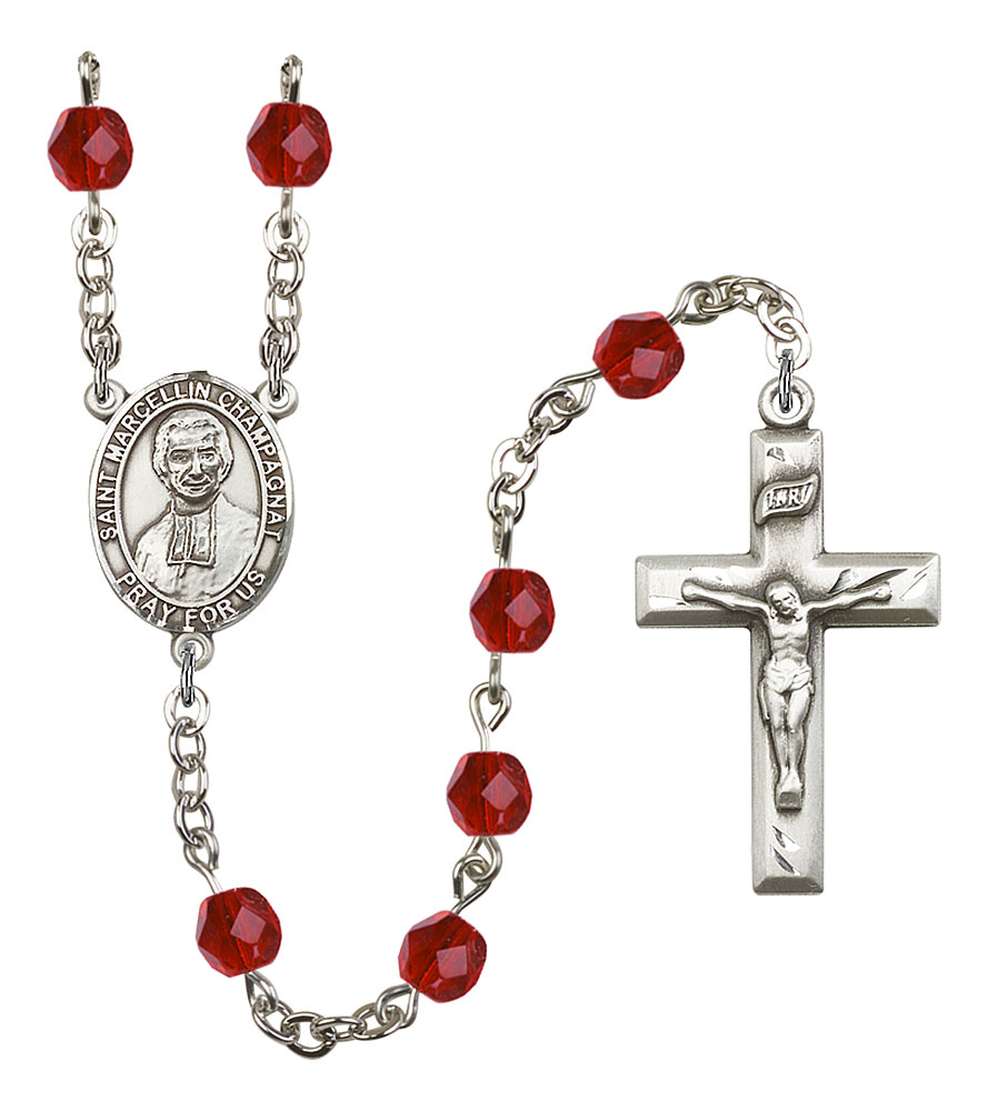 Saint Marcellin Champagnat Engravable Rosary with Ruby Beads