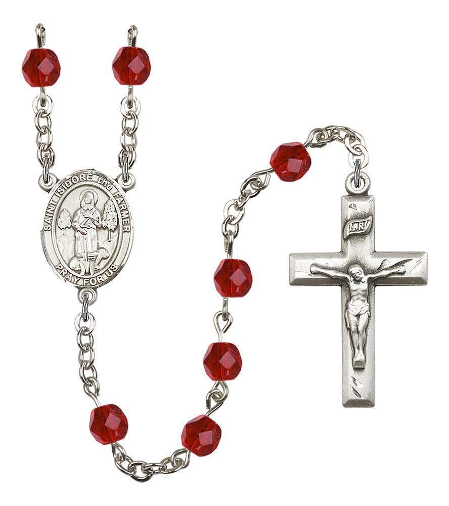 Saint Isidore the Farmer Engravable Rosary with Ruby Beads