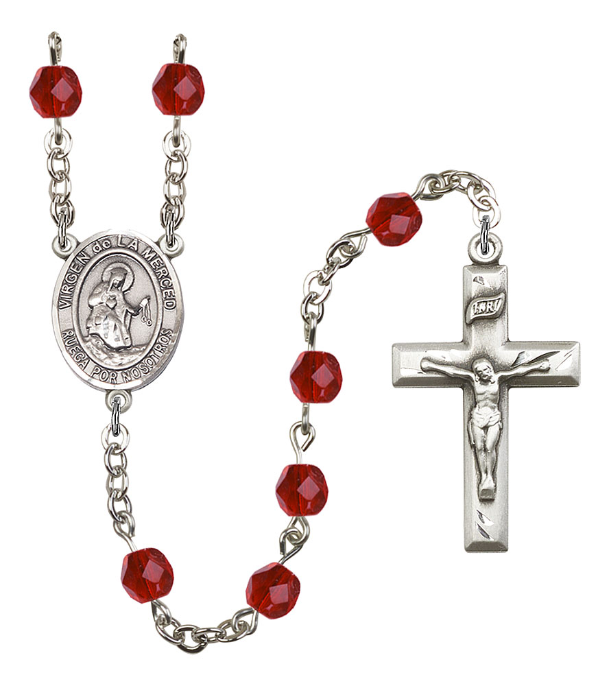 Virgen de la Merced Engravable Rosary with Ruby Beads