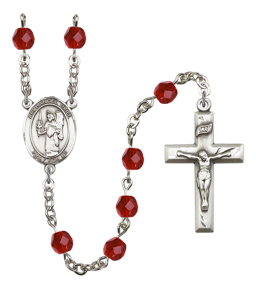 Saint Uriel the Archangel Engravable Rosary with Ruby Beads