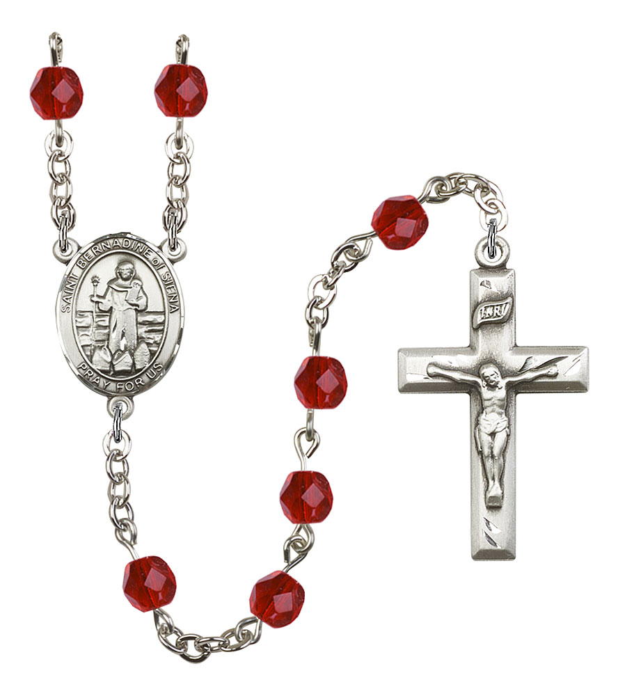 Saint Bernadine of Sienna Engravable Rosary with Ruby Beads