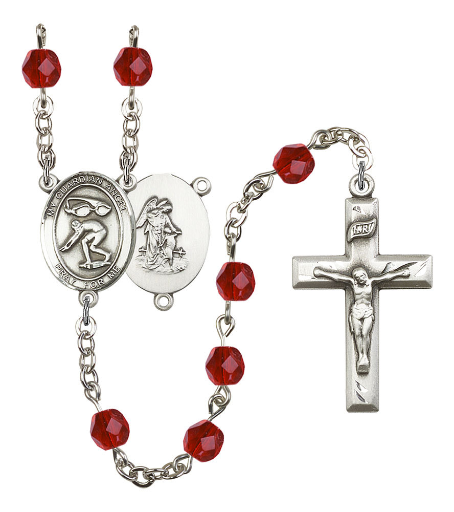 Guardian Angel and Swimming Rosary with Ruby Beads