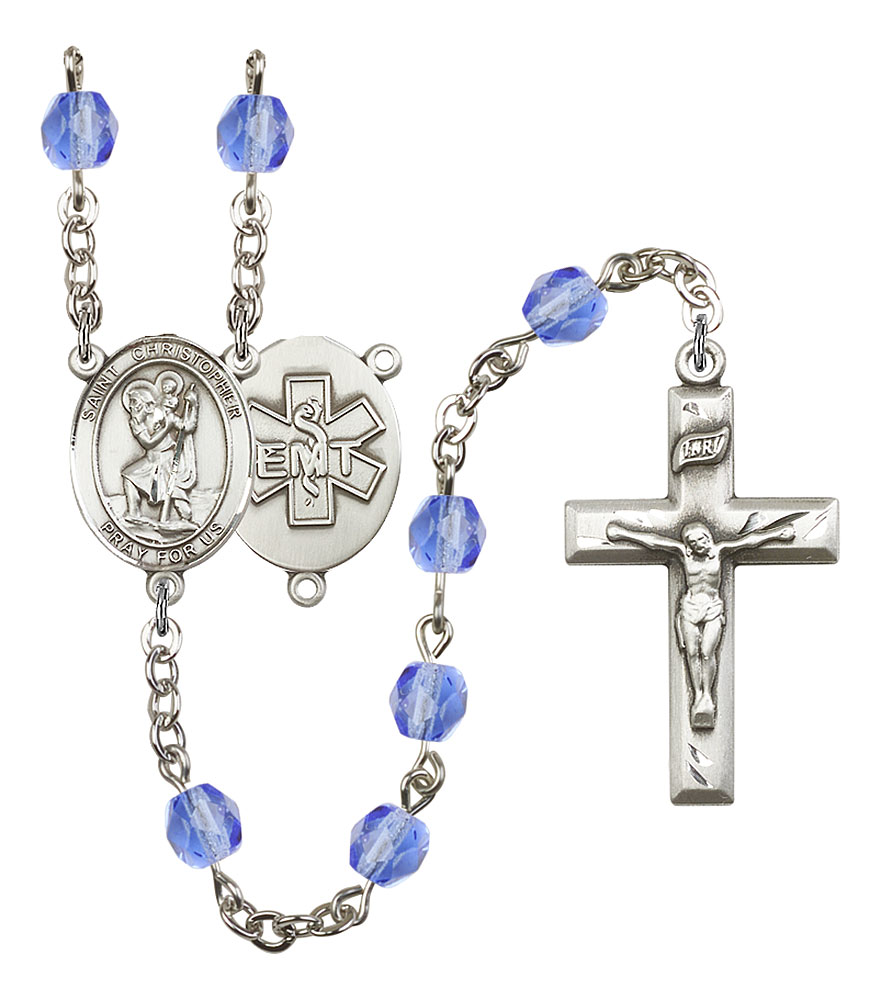 Saint Christopher and EMT Rosary with Sapphire Beads