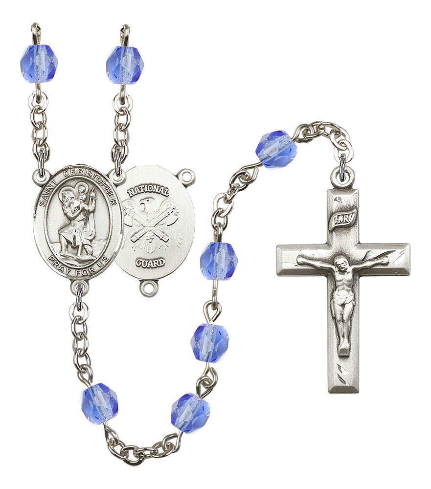 Saint Christopher and Nat'l Guard Rosary with Sapphire Beads