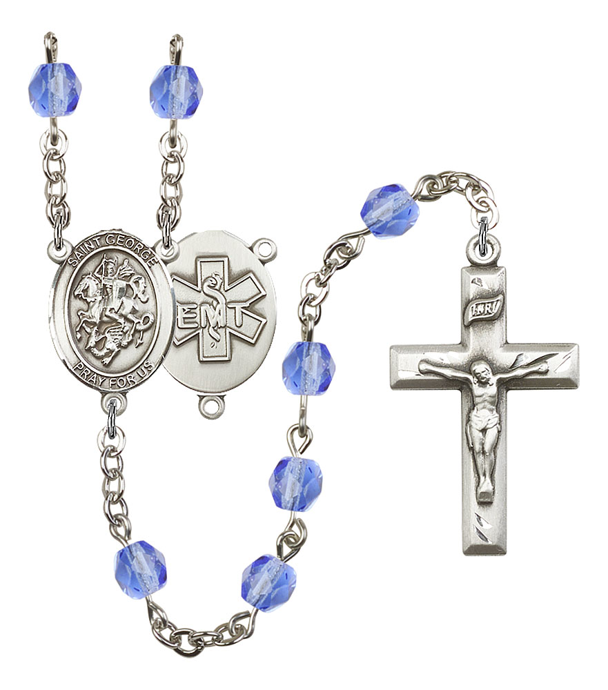 18-Inch Hamilton Gold Plated Necklace with 4mm Sapphire Birthstone Beads and Gold Filled Saint Teresa of Avila Charm.