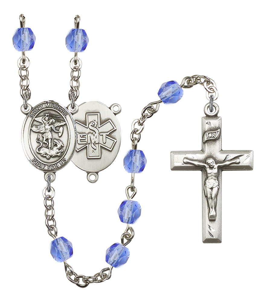 Saint Michael and EMT Rosary with Sapphire Beads
