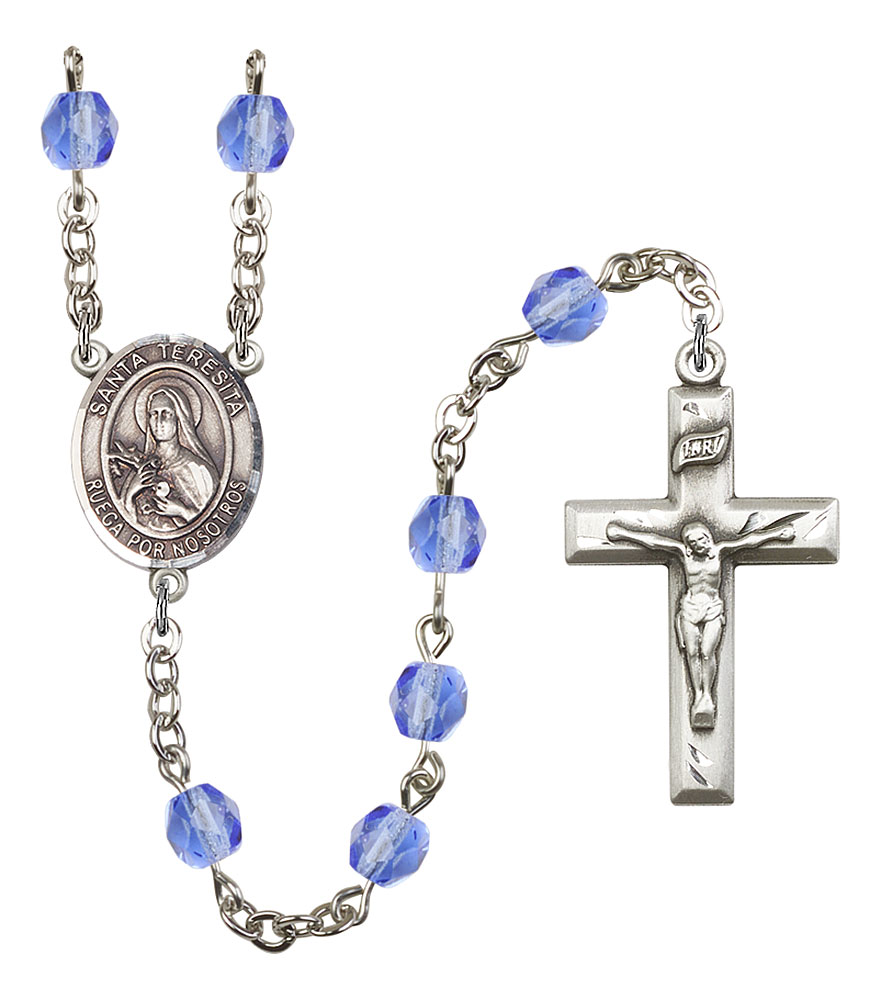Santa Teresita Engravable Rosary with Sapphire Beads