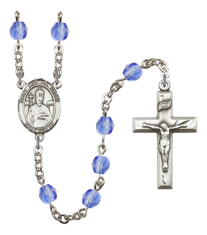 Saint Leo the Great Engravable Rosary with Sapphire Beads