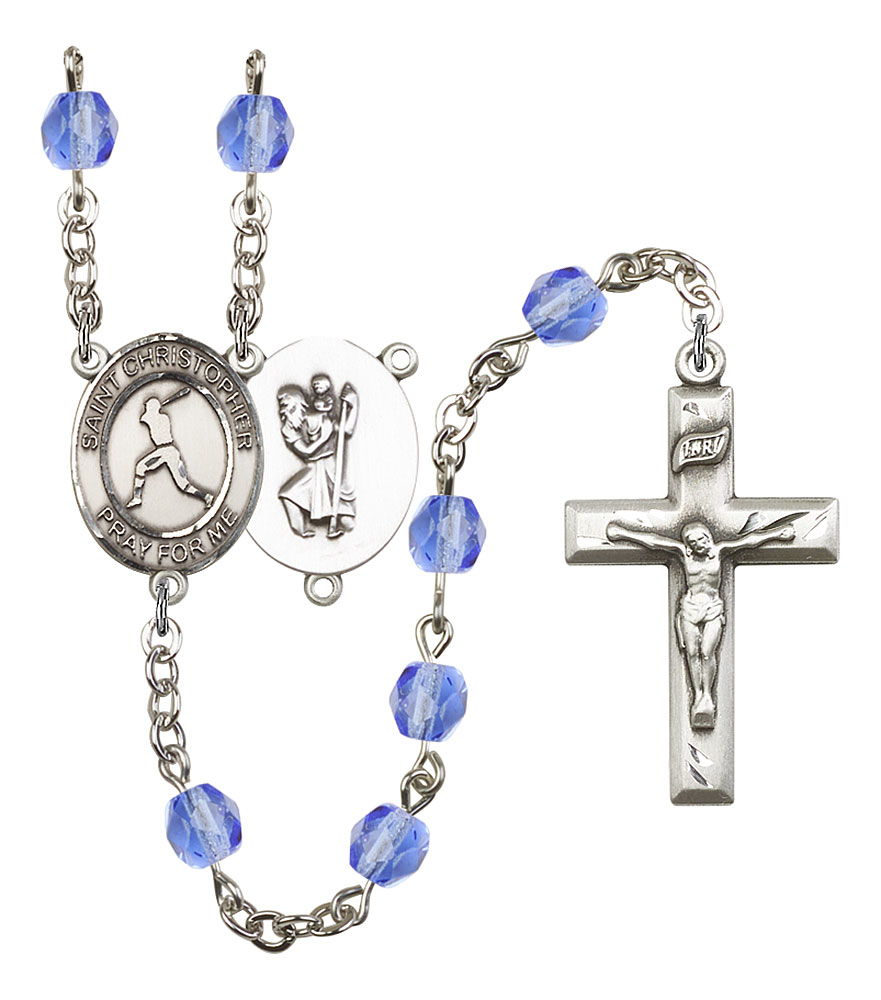 Saint Christopher and Baseball Rosary with Sapphire Beads