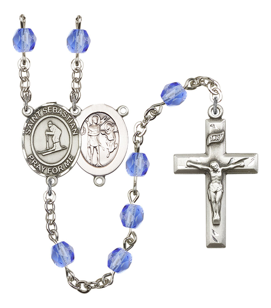 Saint Sebastian and Skiing Rosary with Sapphire Beads