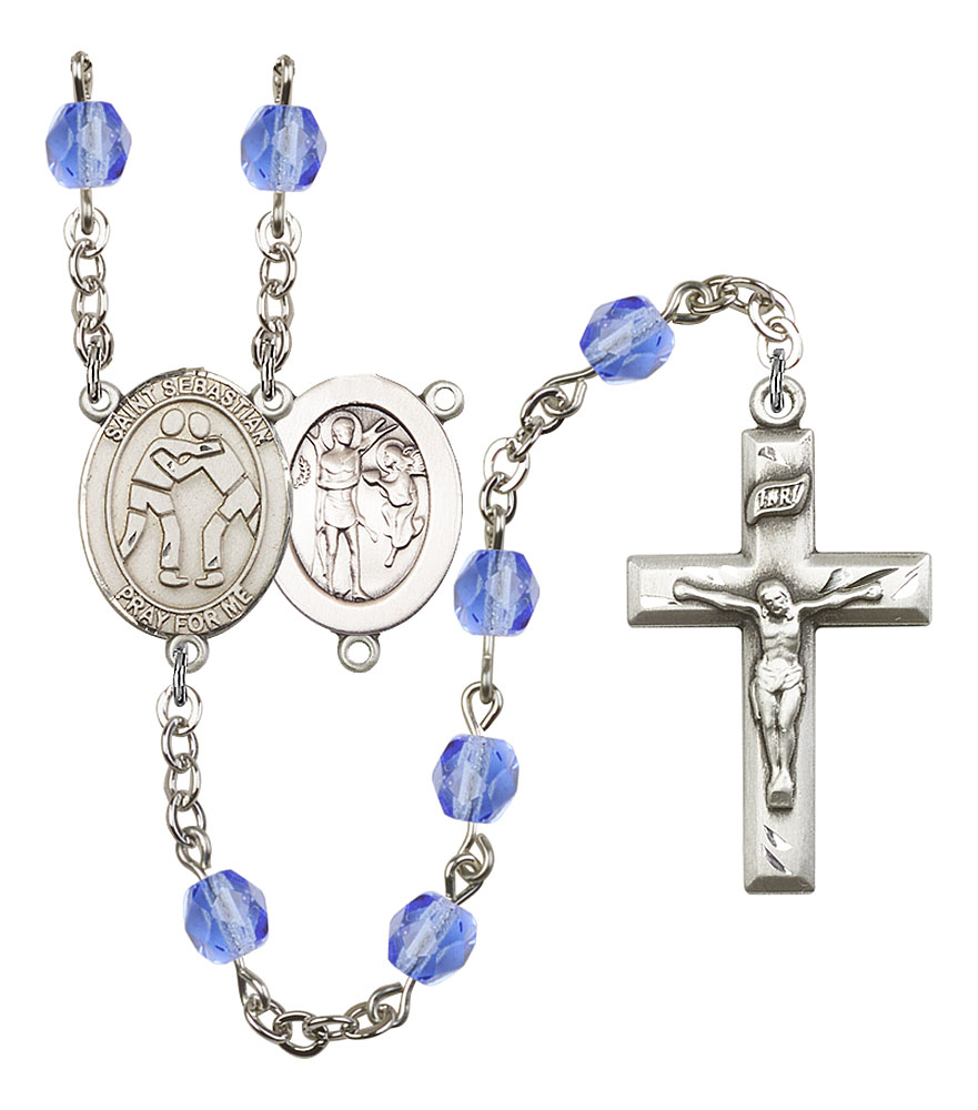 Saint Sebastian and Wrestling Rosary with Sapphire Beads