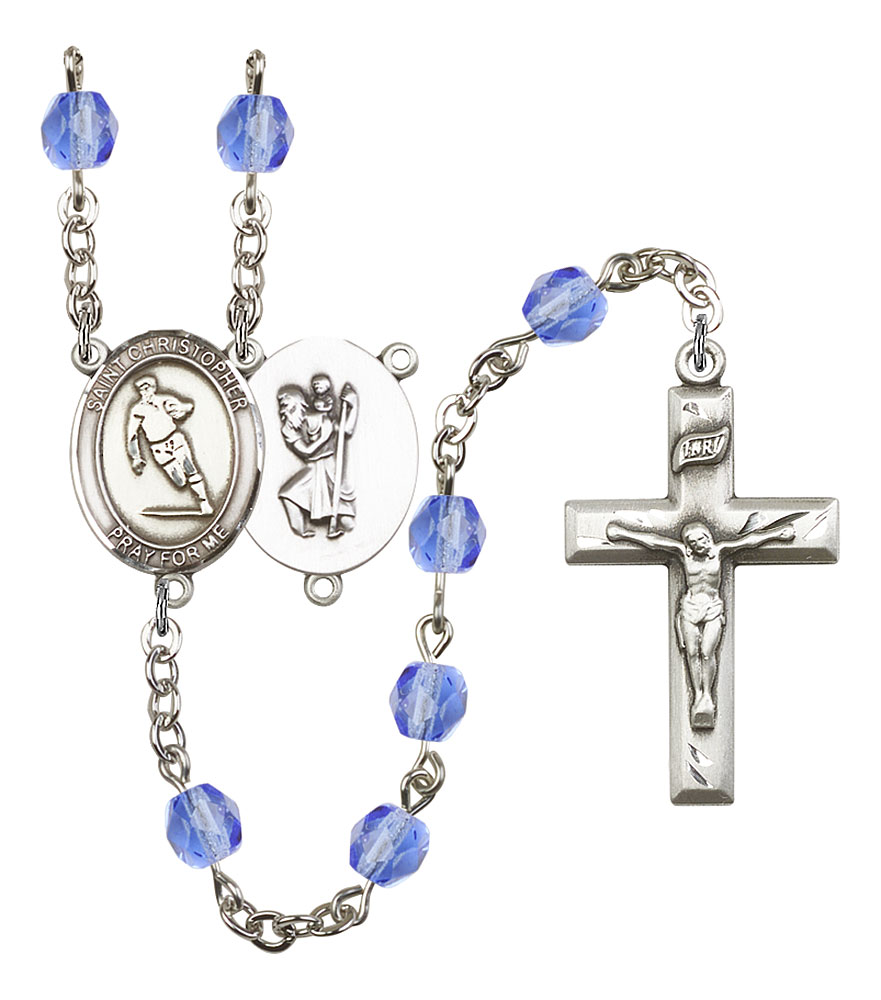 Saint Christopher and Rugby Rosary with Sapphire Beads
