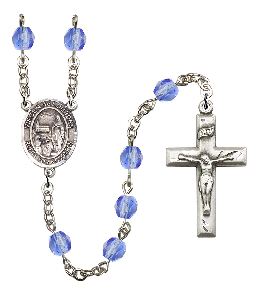 Virgen del Lourdes Engravable Rosary with Sapphire Beads