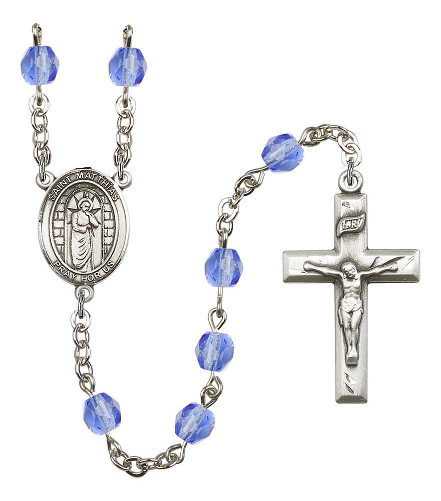 Saint Matthias the Apostle Engravable Rosary with Sapphire Beads