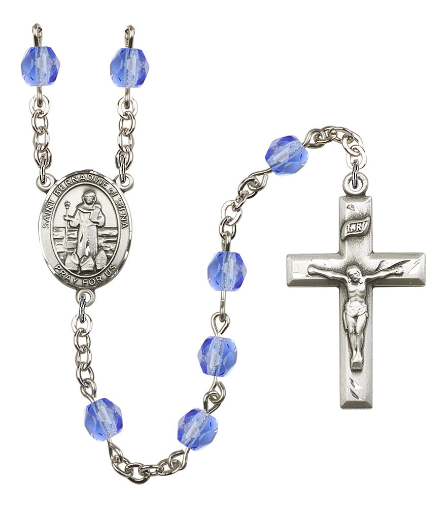 Saint Bernadine of Sienna Engravable Rosary with Sapphire Beads