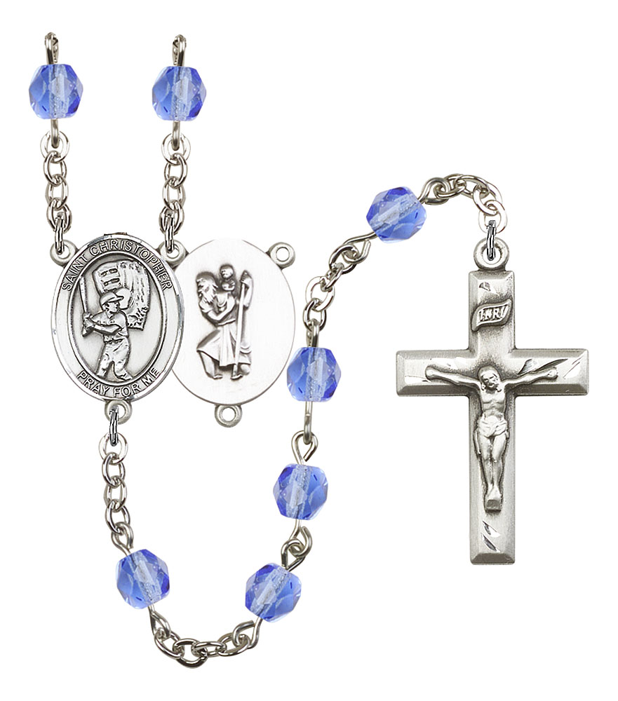 Saint Christopher and Baseball Rosary with Sapphire Beads