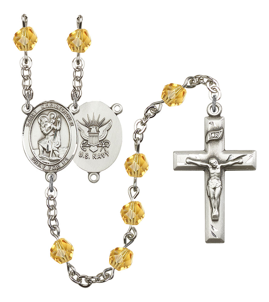 Saint Christopher and Navy Rosary with Topaz Beads
