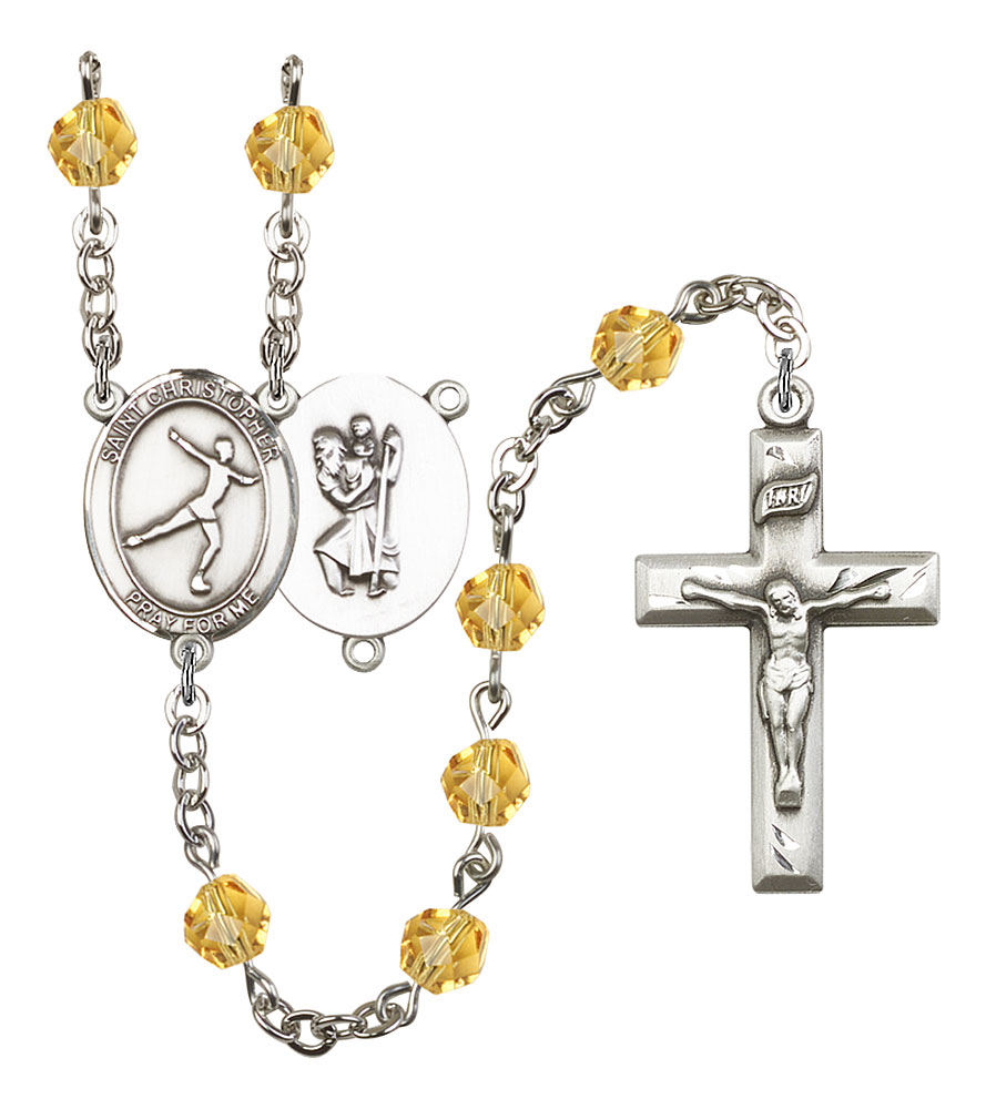 Saint Christopher and Figure Skating Rosary with Topaz Beads