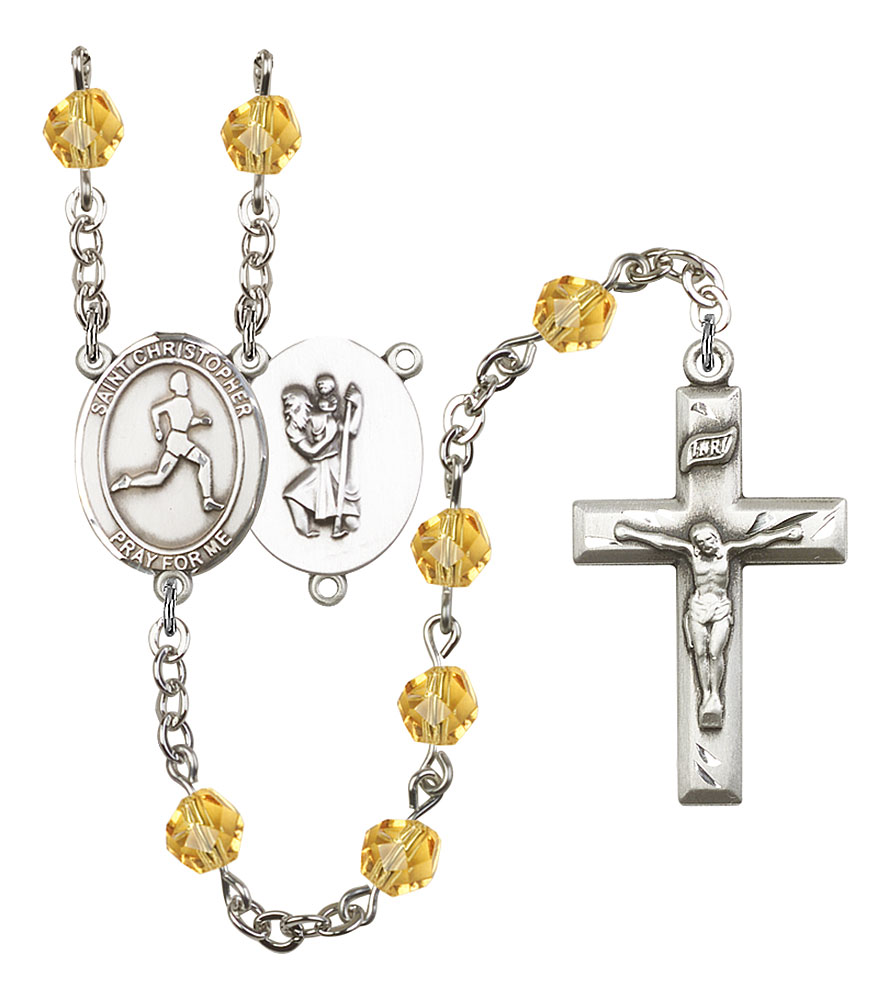 Saint Christopher and Track & Field Rosary with Topaz Beads
