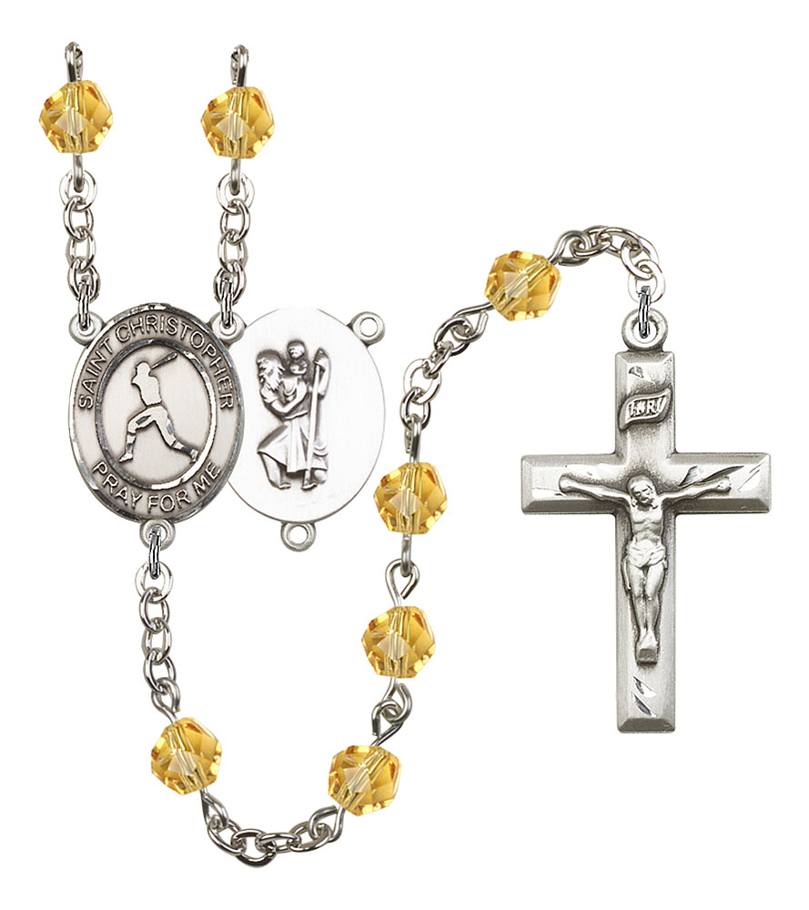 Saint Christopher and Baseball Rosary with Topaz Beads