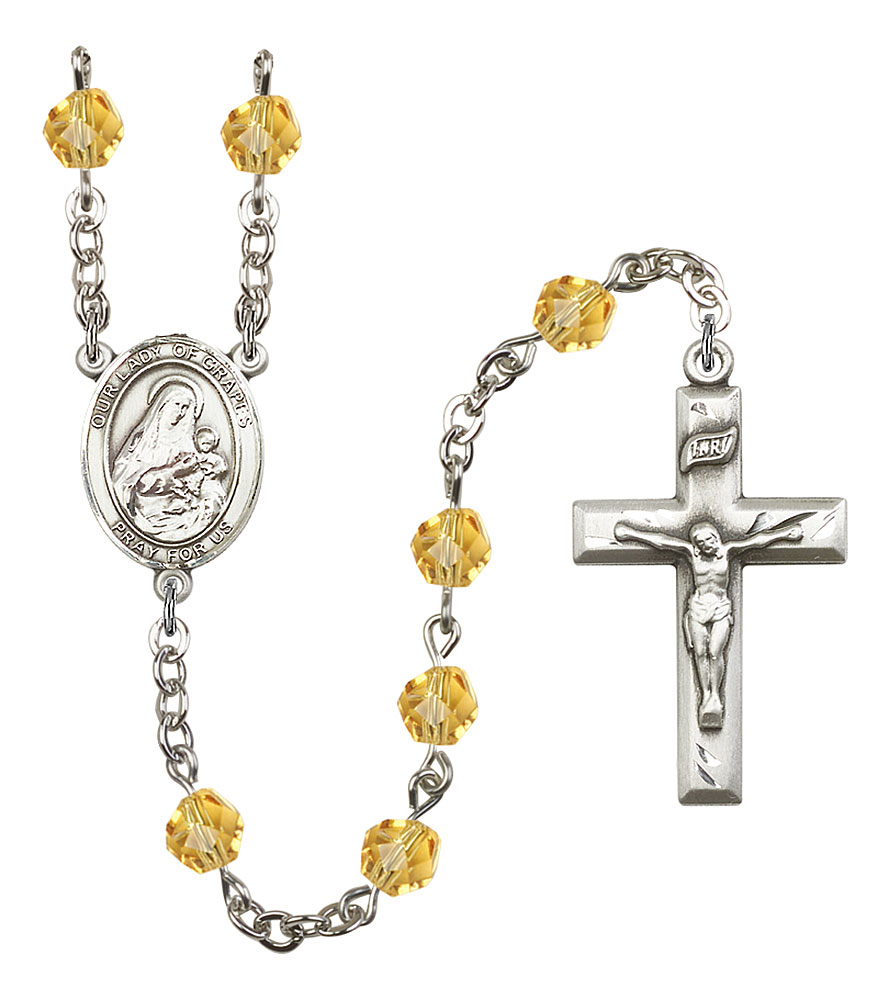 18-Inch Hamilton Gold Plated Necklace with 4mm Topaz Birthstone Beads and Gold Filled Saint Thomas the Apostle Charm.