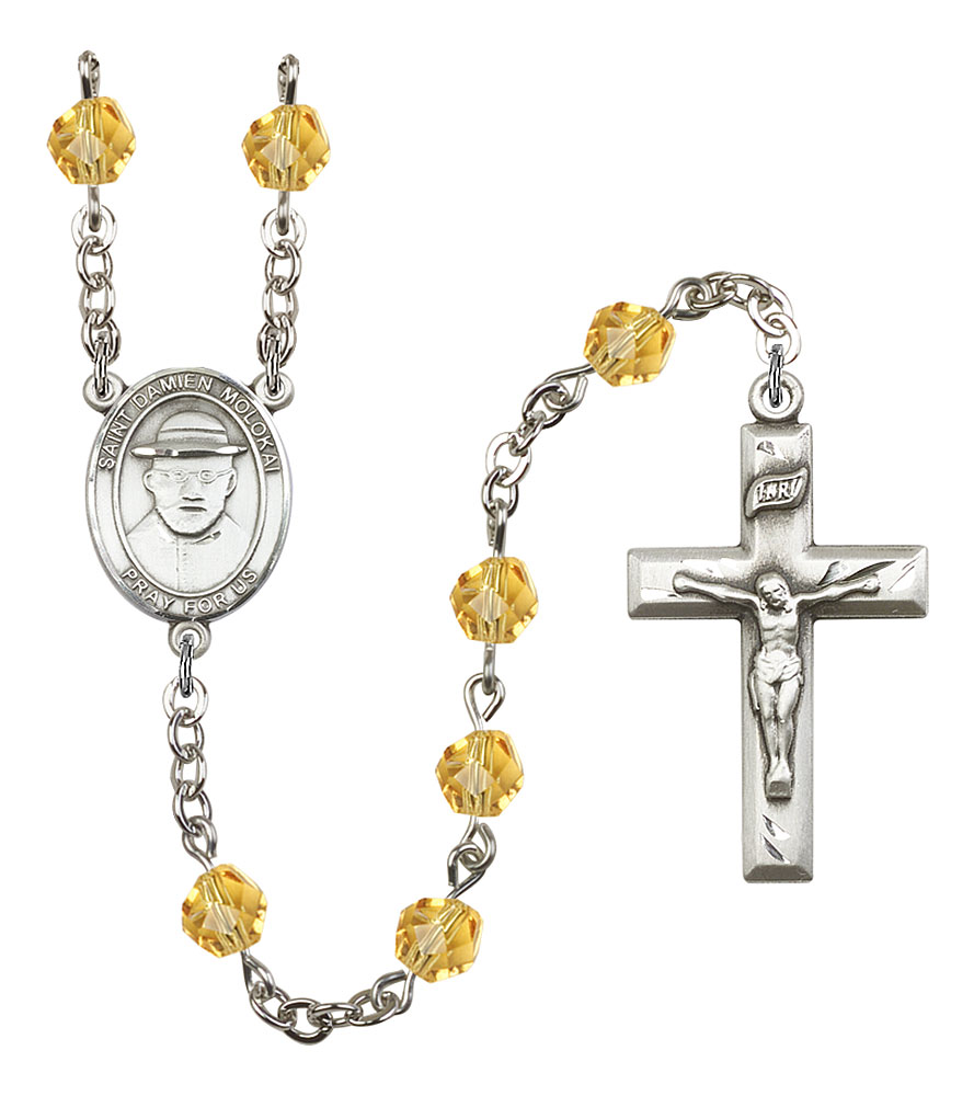 Saint Damien of Molokai Engravable Rosary with Topaz Beads