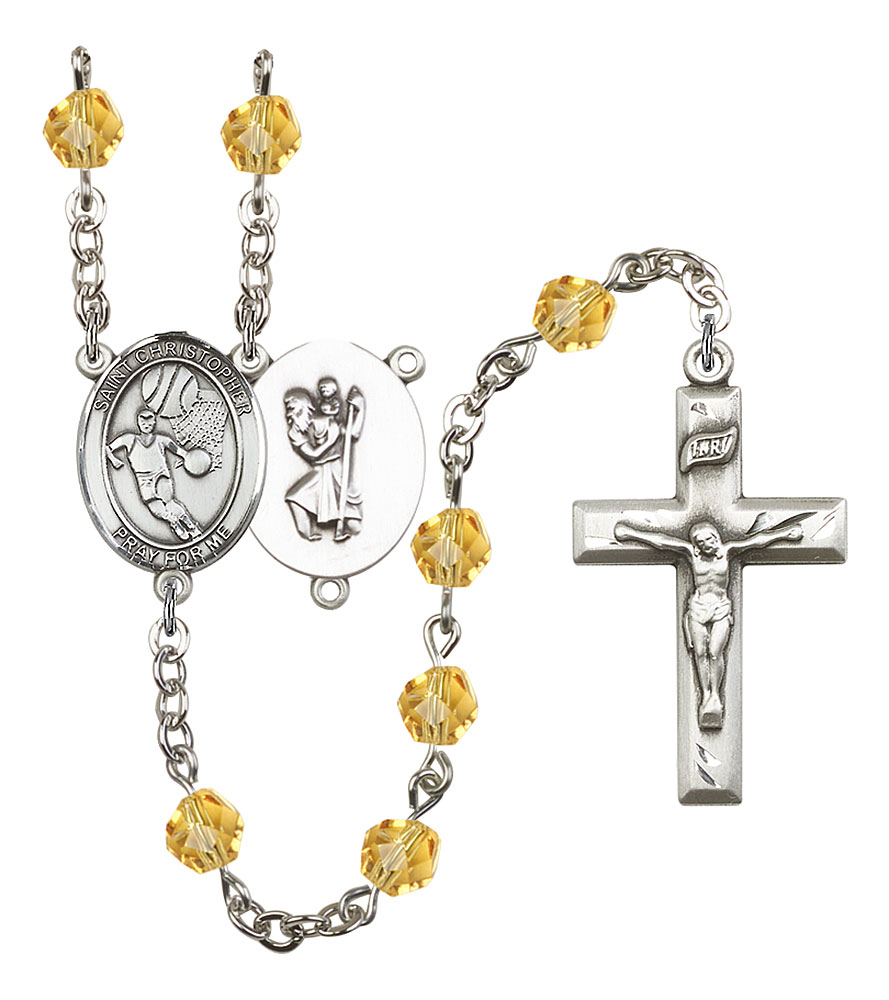 Saint Christopher and Basketball Rosary with Topaz Beads