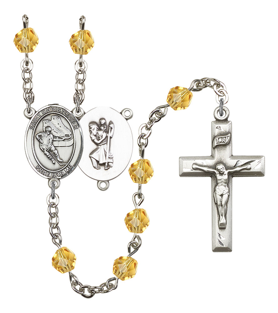 Saint Christopher and Hockey Rosary with Topaz Beads