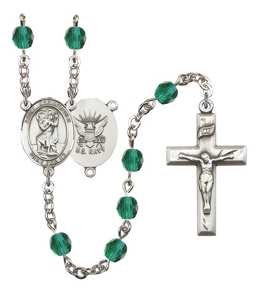 Saint Christopher and Navy Rosary with Zircon Beads