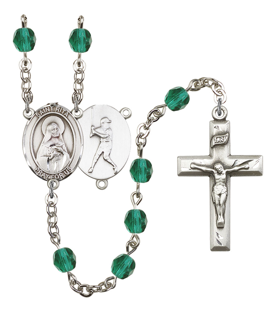 Saint Rita and Baseball Rosary with Zircon Beads