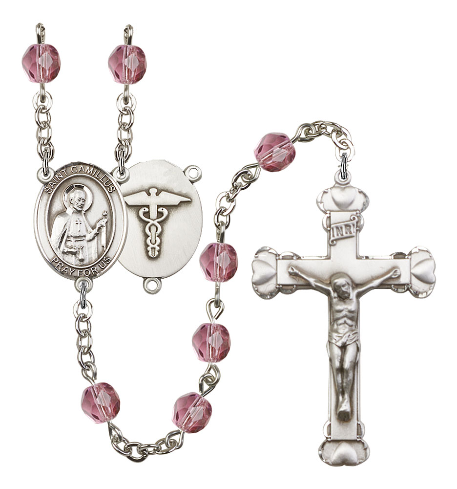 Saint Camillus of Lellis and Nurse Rosary with Amethyst Beads