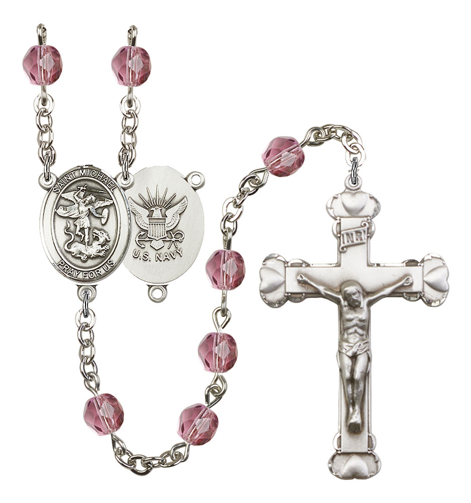 Saint Michael and Navy Rosary with Amethyst Beads