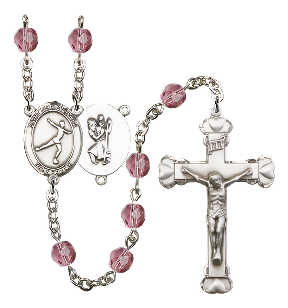 Saint Christopher and Figure Skating Rosary with Amethyst Beads
