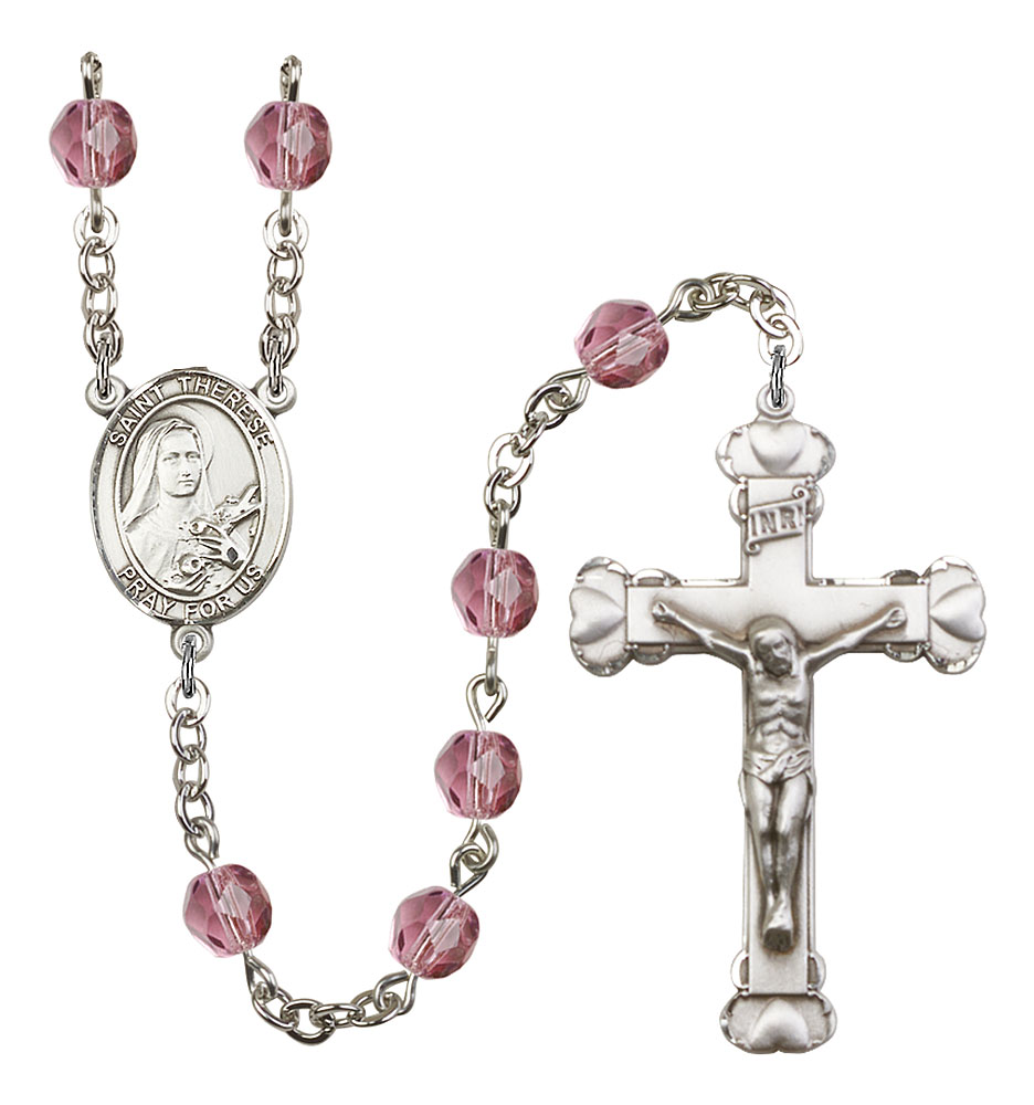 Saint Therese of Lisieux Engravable Rosary with Amethyst Beads