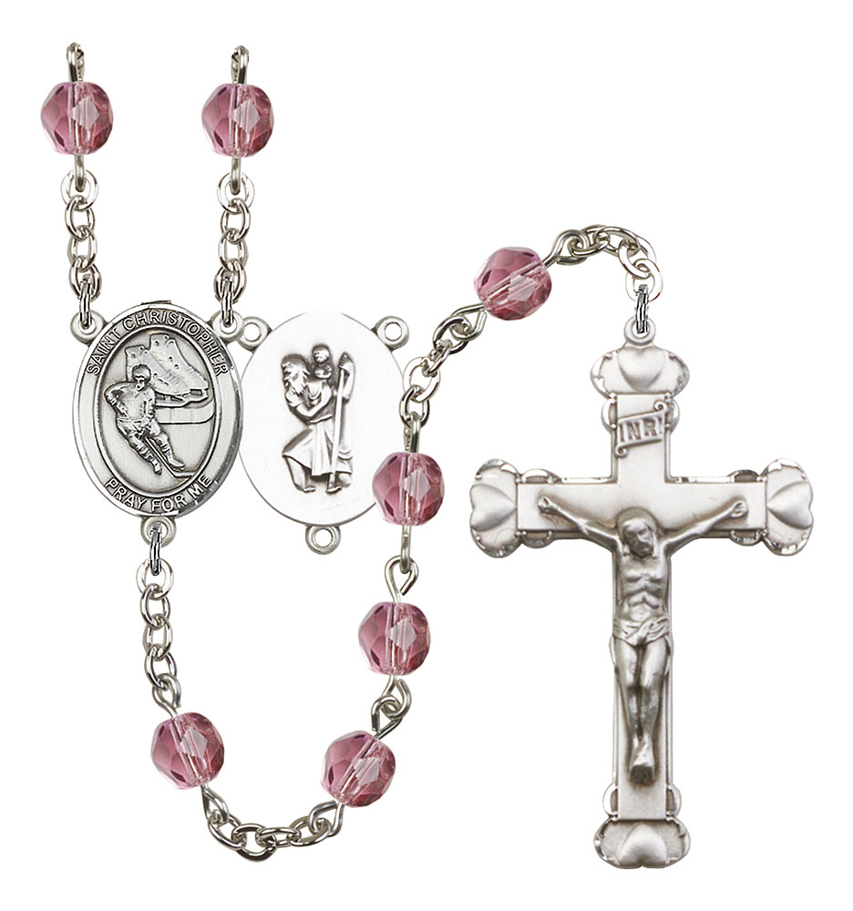 Saint Christopher and Hockey Rosary with Amethyst Beads